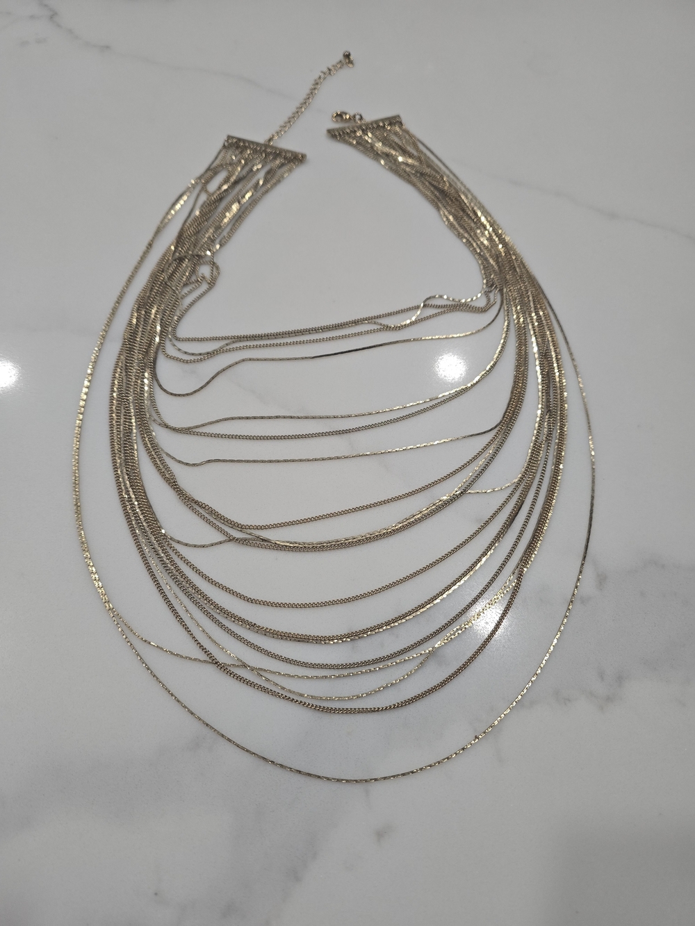 Gold Tone Multi Strand Layered Waterfall Statement Necklace